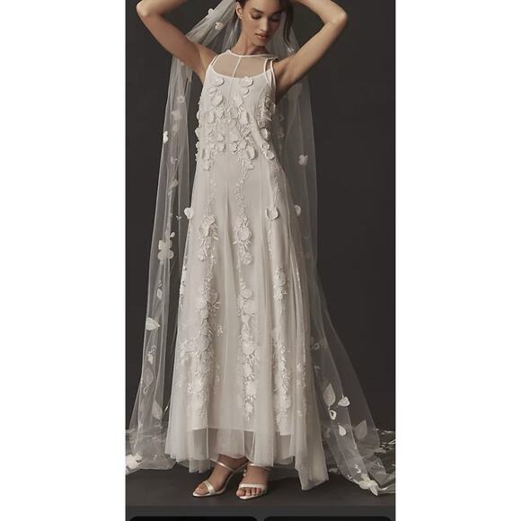 BHLDN NWT Ivory Calla Sleeveless Tulle Floral Applique Maxi Dress Size Small - Picture 1 of 15